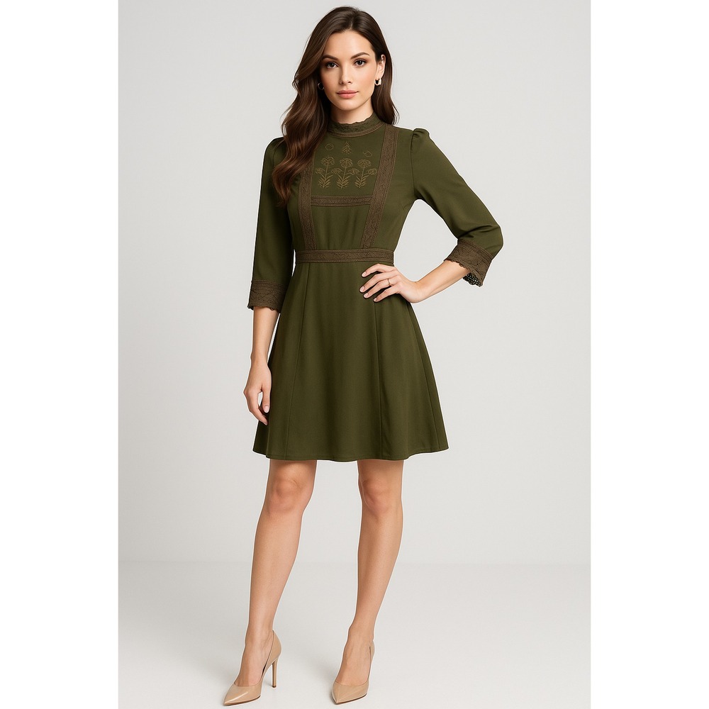 Womens Boho Dress S Green Mock Neck Floral‎ Embroidered Knit Trim Lined Mini NEW